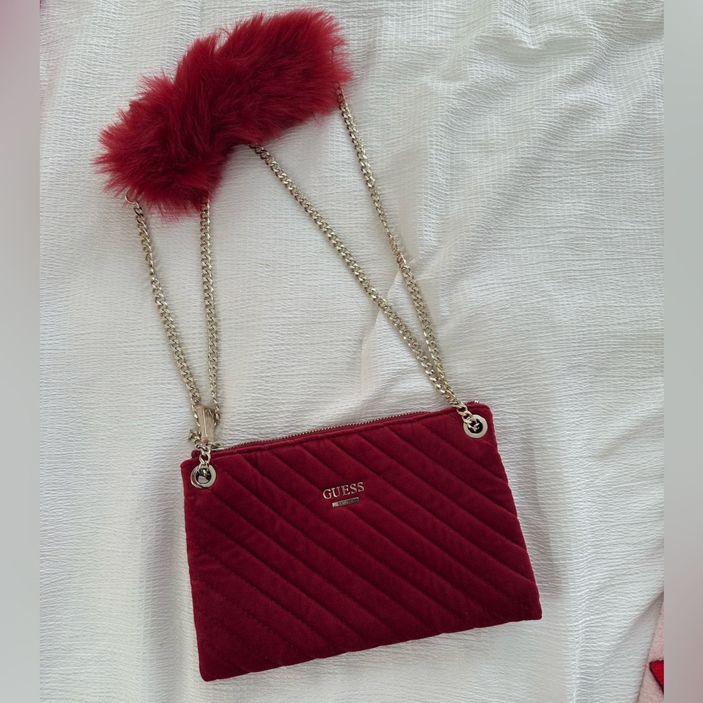 Guess Red Velvet Quilted Shoulder Bag